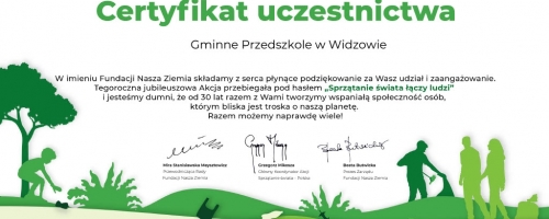 Certyfikat Uczestnictwa w Akcji Sprzątanie Świata 2023
